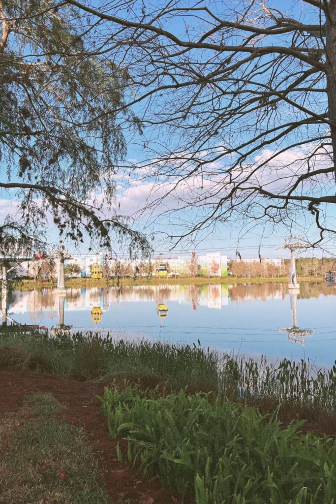 Photo of the Disney Skyliner going over Hourglass Lake between the Art of Animation and POP Century resorts at Disney World, with part of AOA resort in the background.