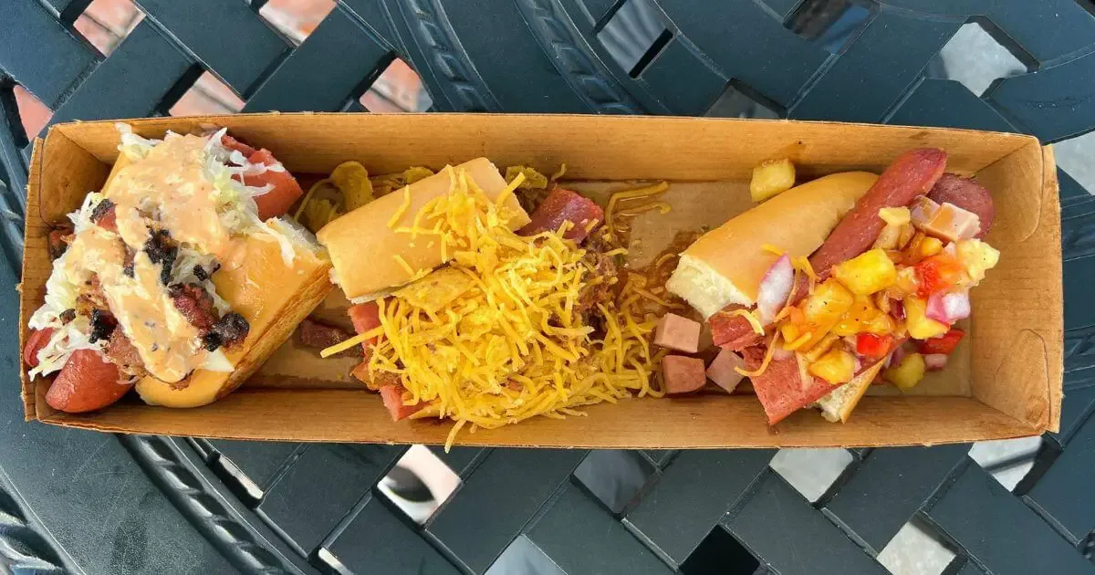Photo of The Three Little Pigs sausage trio sampler from BB Wolf's Sausage Co in Disney Springs.