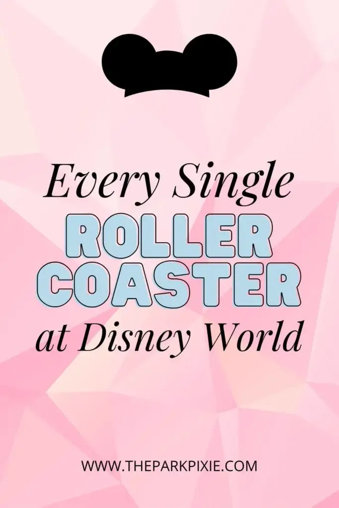 Graphic with a pink geometric background and an image of a roller coaster at the top. In the middle, text reads "Every Single Roller Coaster at Disney World."