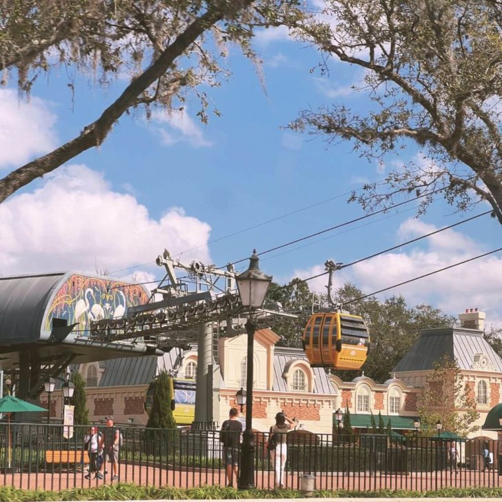 Photo of the Skyliner and gate at the back of Disney World's Epcot theme park.