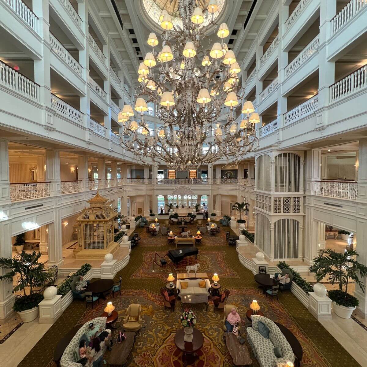 Photo looking across the Grand Floridian Resort Lobby from the second floor.