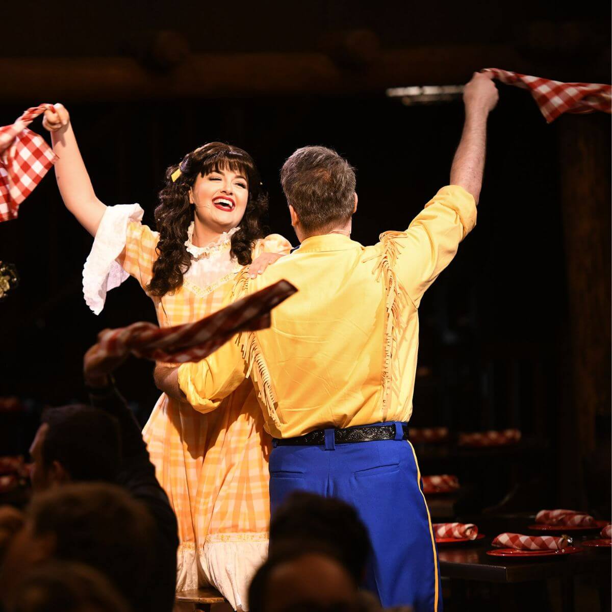 Photo of performers dancing in the Hoop-Dee-Doo Musical Review Dinner Show at Disney World.