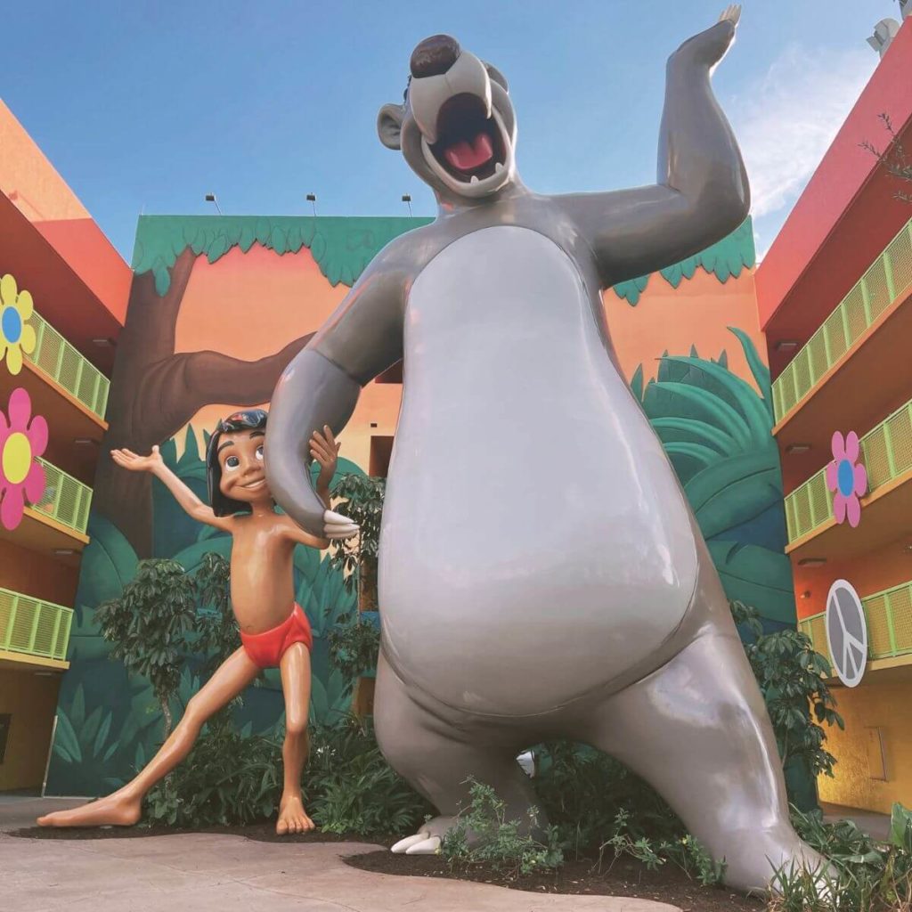 Photo of the giant Baloo and Mowgli statue at Disney's Pop Century Resort.