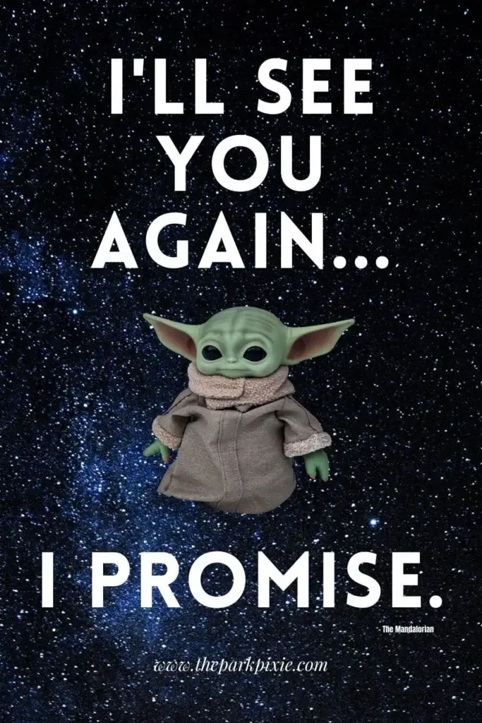 Graphic with a starry background and a quote from The Mandalorian as said to Grogu: I'll see you again...I promise.