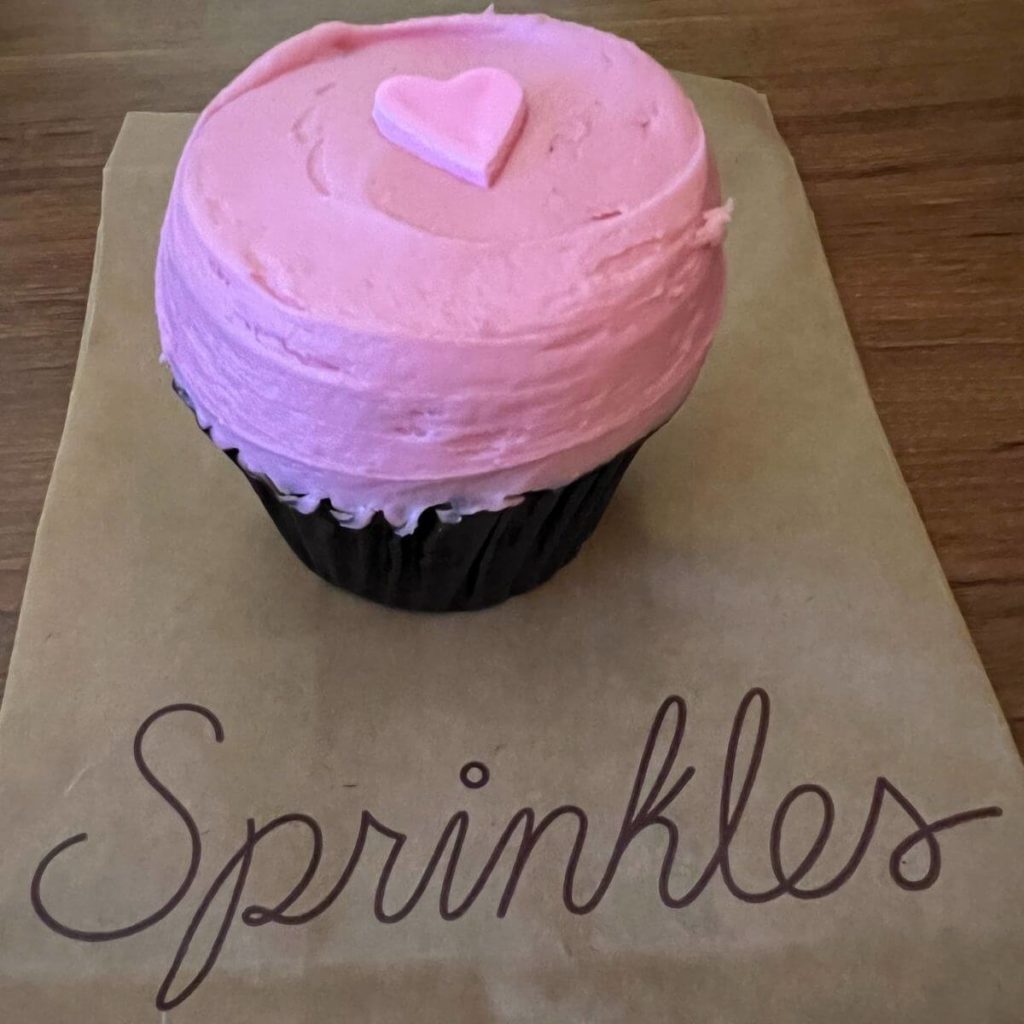 Closeup of a raspberry chocolate cupcake from Sprinkles.