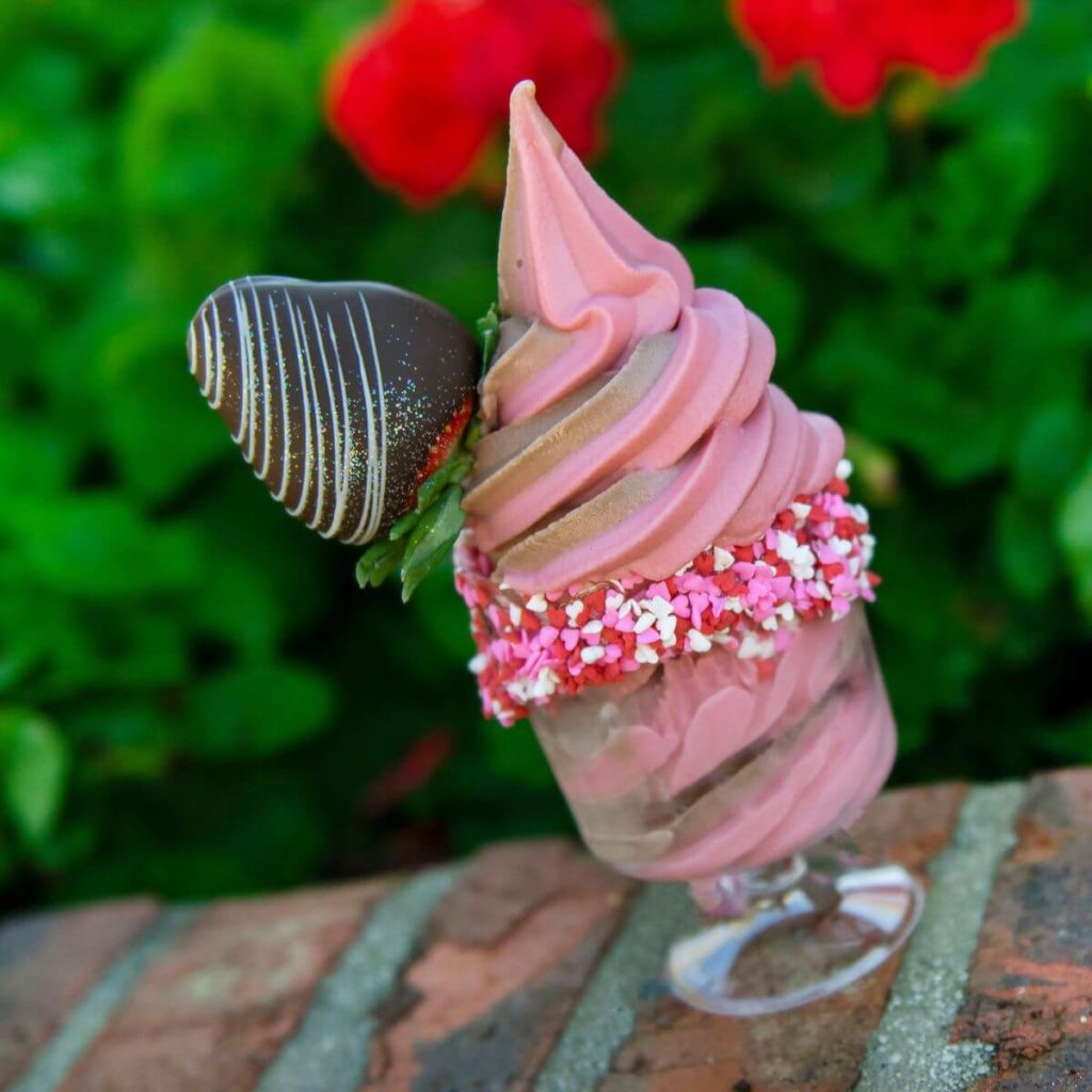 Photo of a chocolate strawberry Dole Whip sundae.