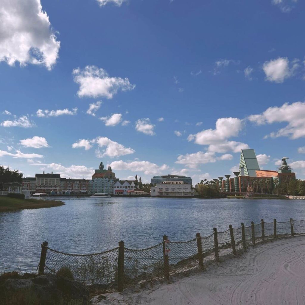 Photo of the Disney BoardWalk area from the walking path across the lagoon.