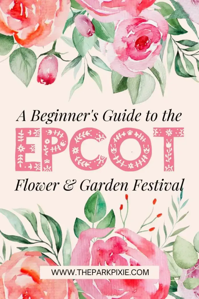 Graphic with watercolor roses across the top and bottom borders. In the middle, text reads "A Beginner's Guide to the Epcot Flower & Garden Festival."