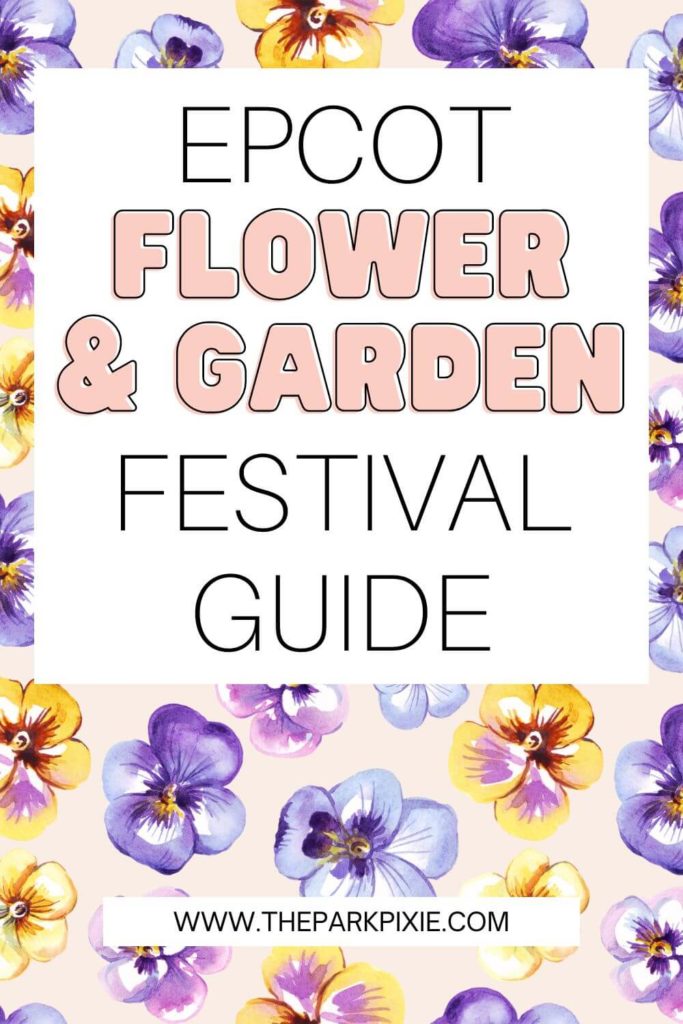 Graphic with a background covered in purple and yellow pansies. Text overlay reads "Epcot Flower & Garden Festival Guide."