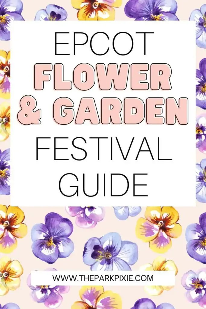 Graphic with a background covered in purple and yellow pansies. Text overlay reads "Epcot Flower & Garden Festival Guide."
