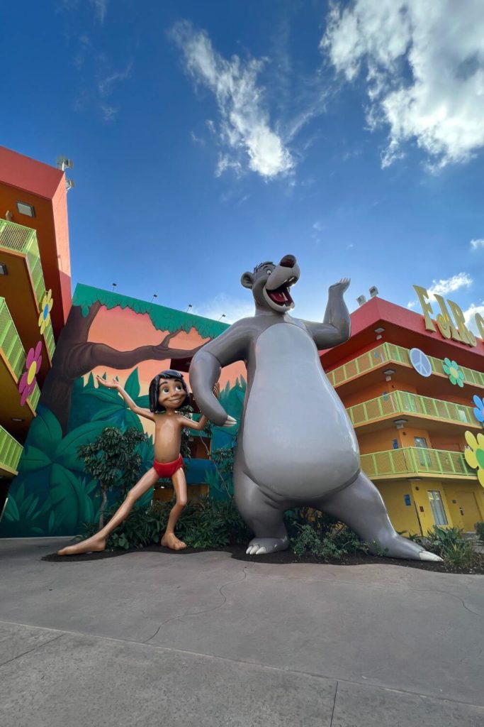 Photo of a giant Mowgli and Baloo statue at Disney's Pop Century hotel.