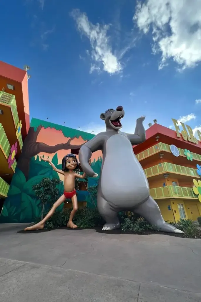 Photo of a giant Mowgli and Baloo statue at Disney's Pop Century hotel.