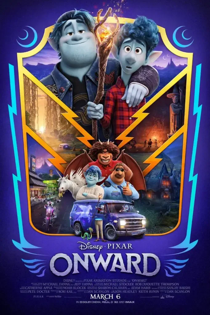 Promotion poster for Disney & Pixar's Onward, featuring all of the core characters, including Barley and Ian Lightfoot.