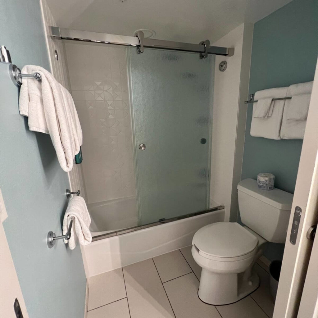 Photo of the shower and toilet at the Pop Century Resort.