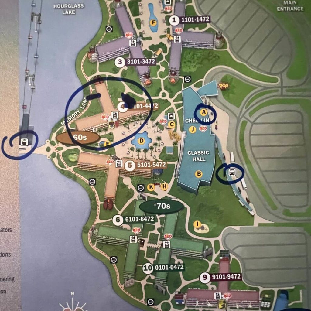 Photo of the Pop Century Resort Map with key areas circled.