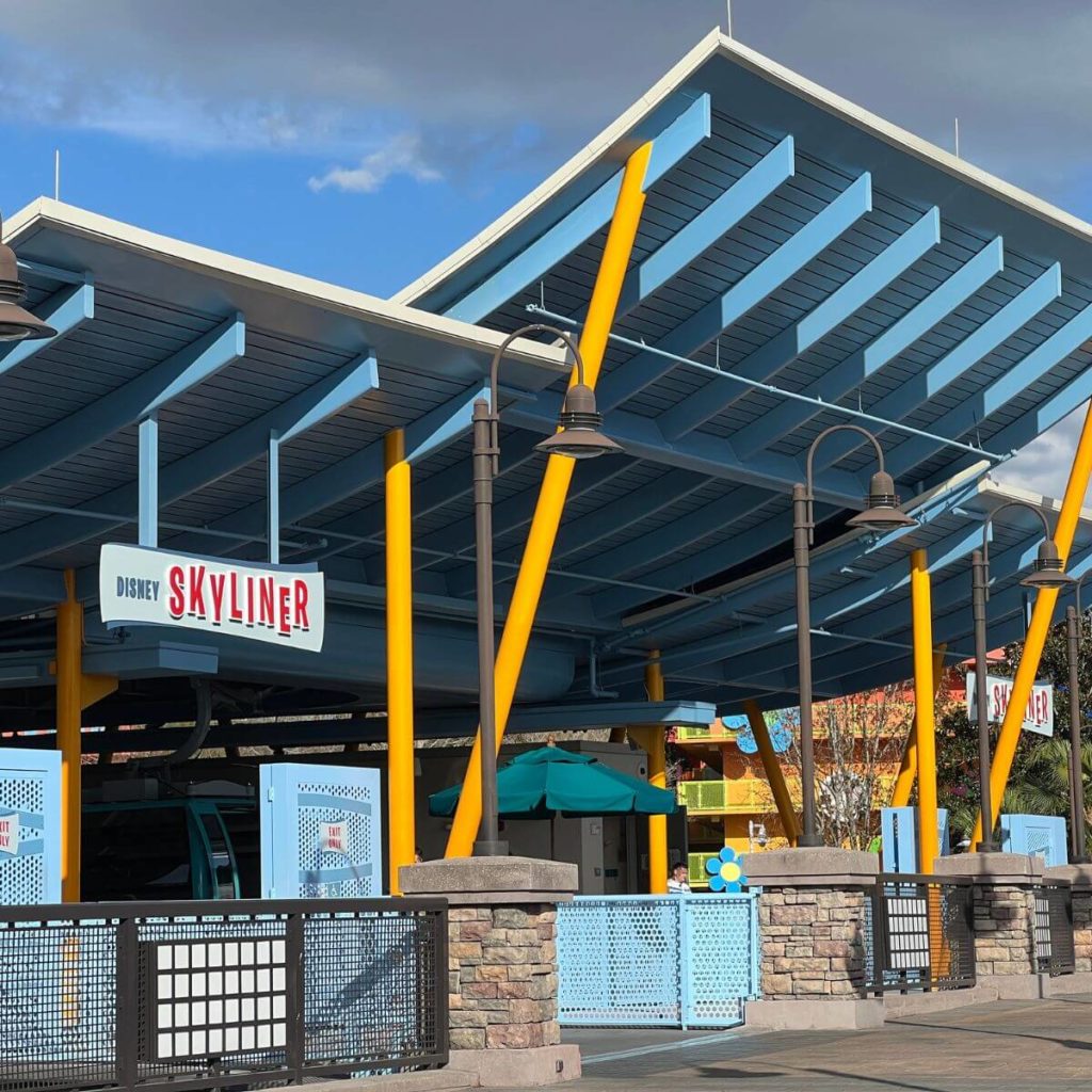 Photo of the Disney Skyliner Stop at Generation Gap Bridge between the Pop Century and Art of Animation resorts at Disney World.