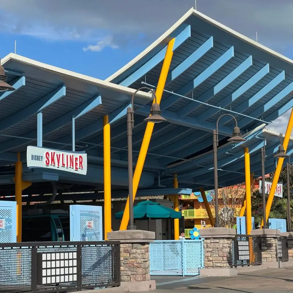 Photo of the Disney Skyliner Stop at Generation Gap Bridge between the Pop Century and Art of Animation resorts at Disney World.