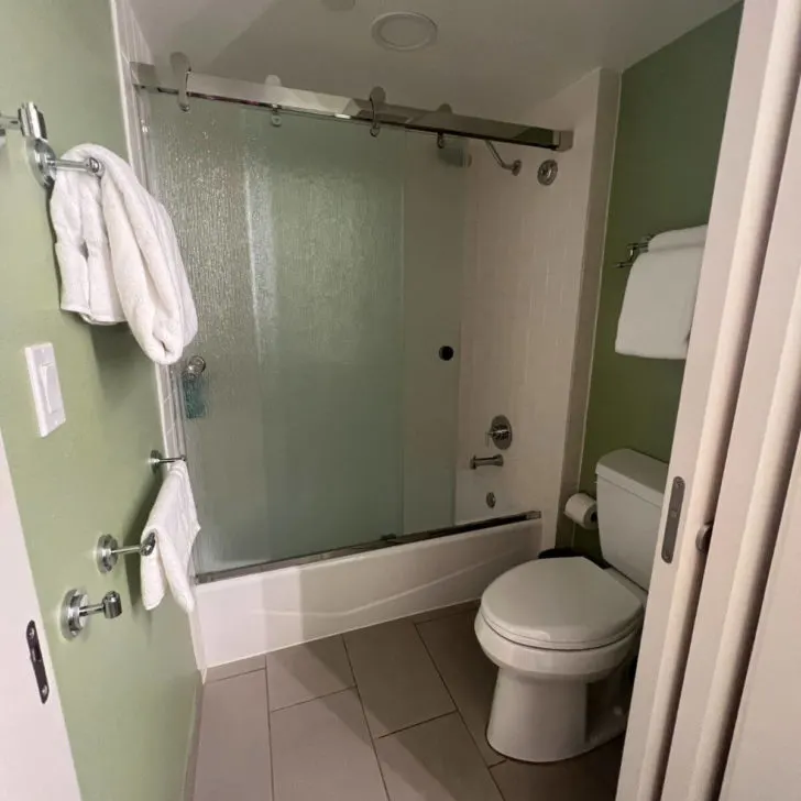 Photo of the hotel room bathroom at the All-Star Movies Resort.