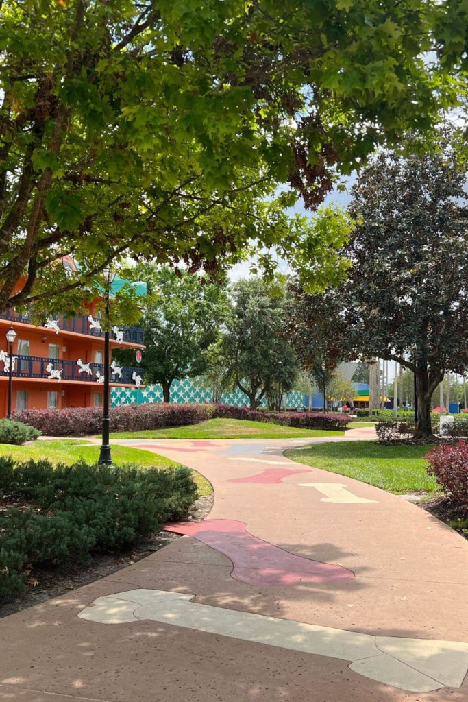 Photo of the walkway in the 101 Dalmatians section with faux bones outlined in the sidewalk.