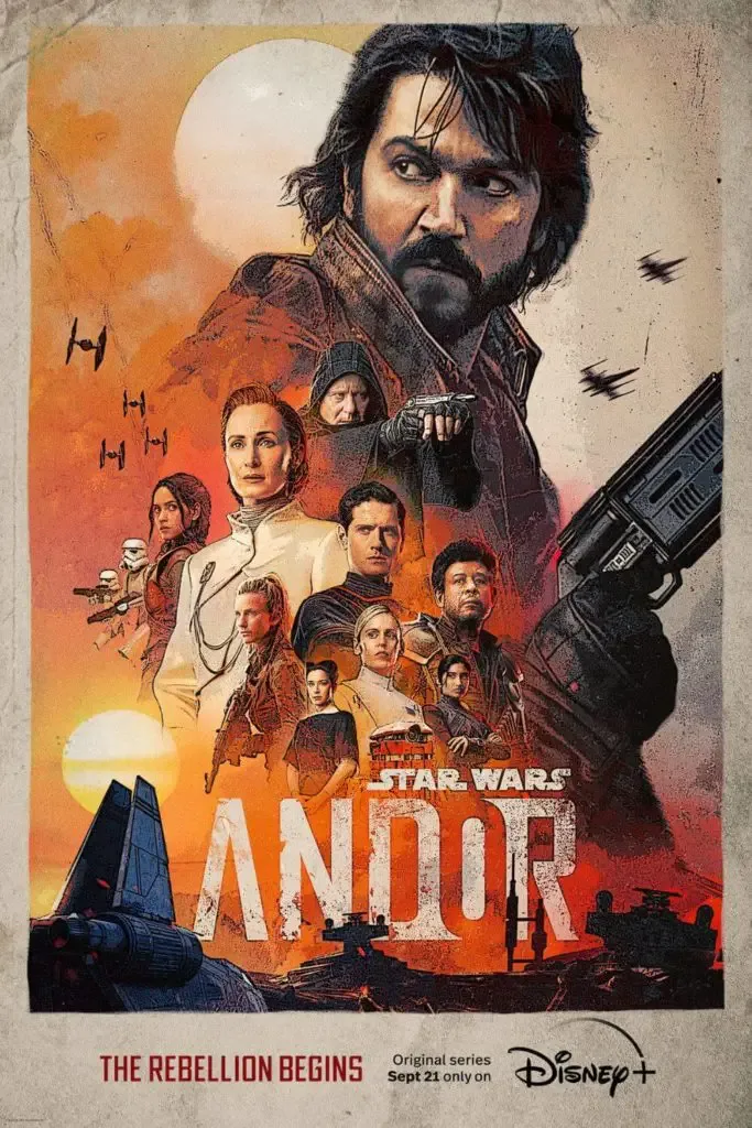 Promotional poster for Andor, featuring drawings of the main cast of characters, including Andor Cassian.