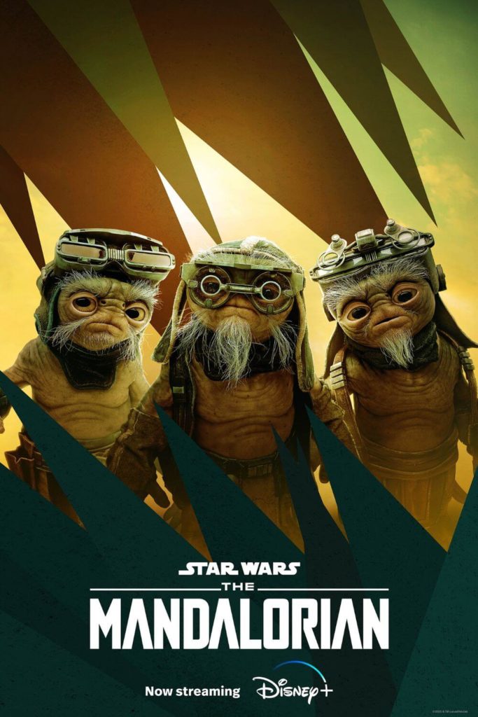 Promotional poster for season 3 of The Mandalorian featuring a group of 3 Anzellans.