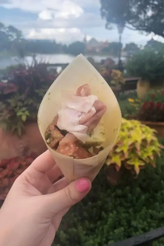 Closeup of the charcuterie cone from the Epcot Food & Wine Festival at Disney World.