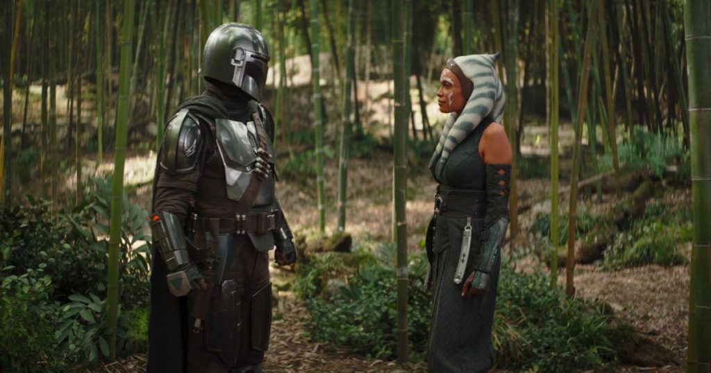 Photo still of a scene between Ahsoka Tano and The Mandalorian when he attempts to visit Grogu.