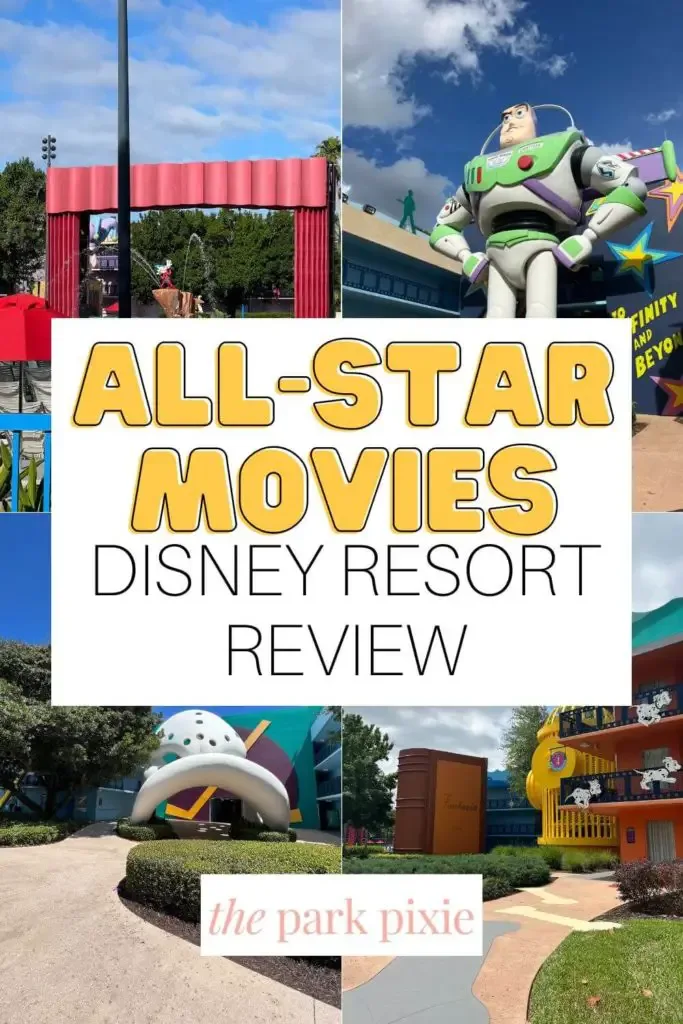 Grid with 4 photos from the All Star Movies Resort, including giant Buzz Lightyear and Mighty Ducks hockey mask statues. Text in the middle reads "All-Star Movies Disney Resort Review."