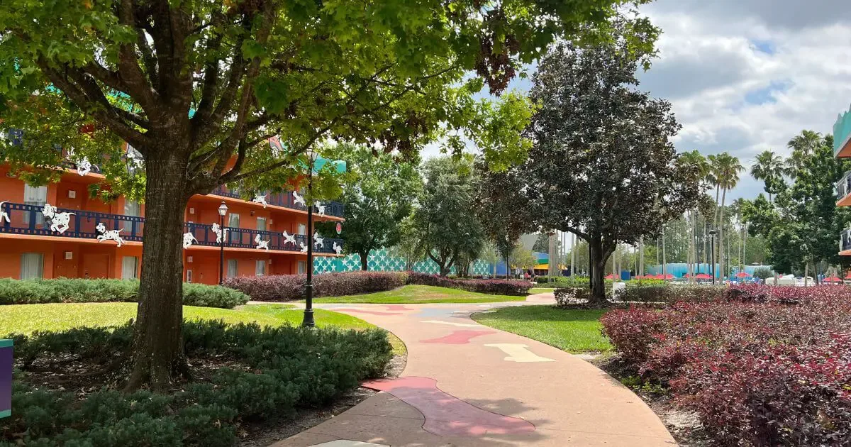 Photo of a walkway through the 101 Dalmatians section at Disney's All-Star Movies Resort Review.