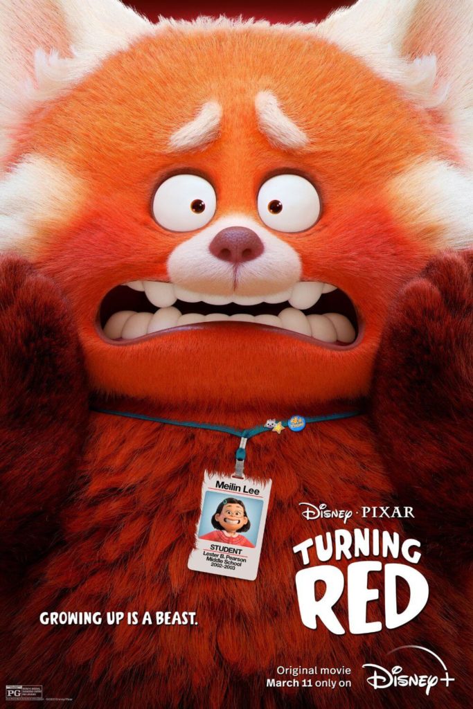 Promotional poster for Turning Red with Meilin Lee as a panda with a shocked expression on her face.