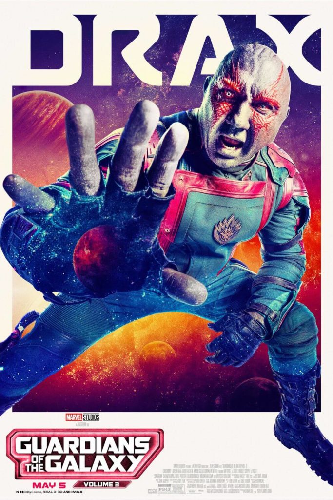 Promotional poster featuring Drax in Guardians of the Galaxy, Volume 3.