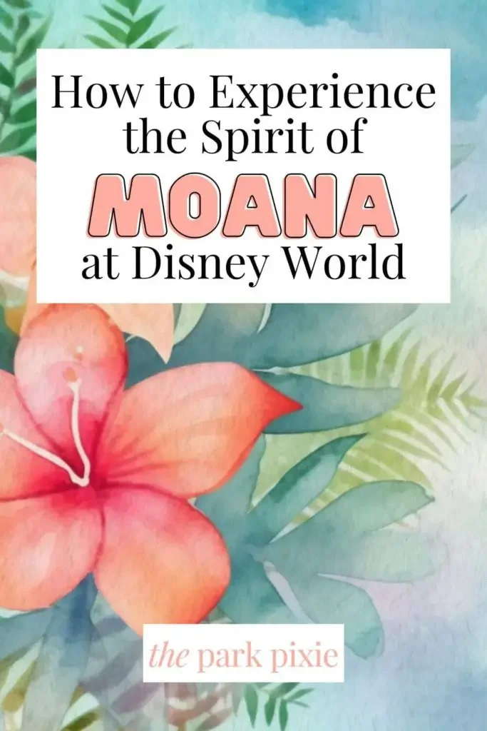 Graphic with a watercolor painting of peach and pink hibiscus flowers and greenery. Text at the top reads "How to Experience the Spirit of Moana at Disney World."
