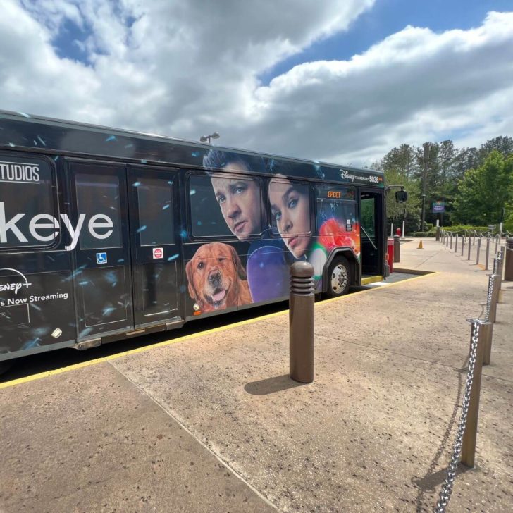 Photo of a Disney World parks bus with a Marvel Studios Hawkeye-themed wrap.