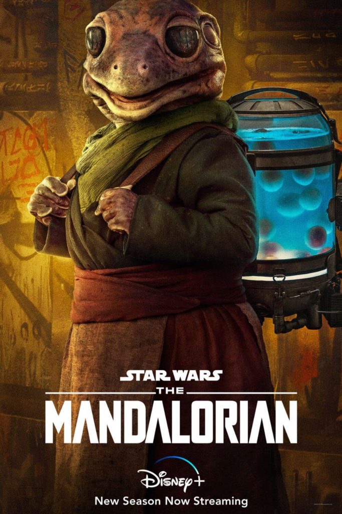 Promotional poster for season 3 of The Mandalorian featuring the Frog Lady with her backpack filled with frog eggs.