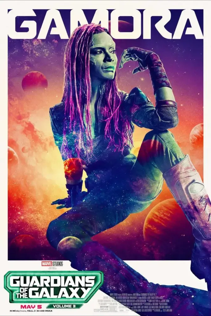 Promotional poster featuring Gamora in Guardians of the Galaxy, Volume 3.