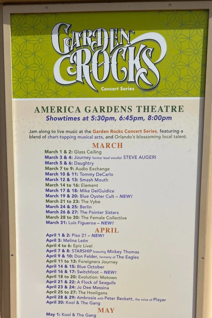 Photo of a sign for the Garden Rocks Concert Series at the America Gardens Theatre.