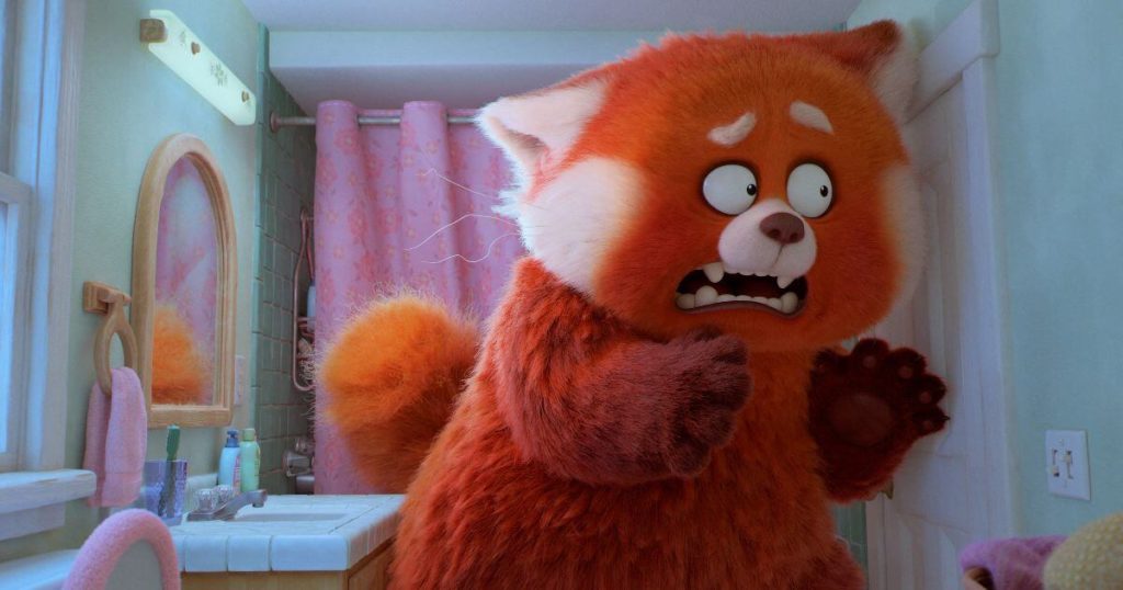 Photo still of Meilin as a red panda locked in the bathroom.
