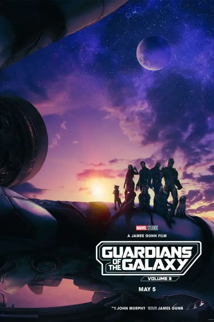 Promotional poster for Guardians of the Galaxy, Vol. 3, with the main characters posing on their spaceship.