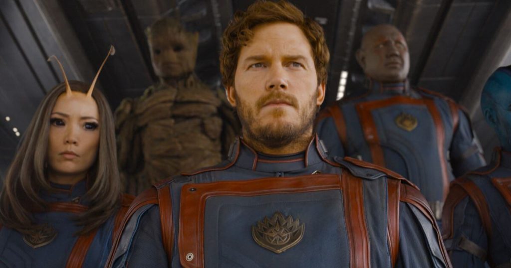 Photo still from Guardians of the Galaxy, Vol. 3, featuring (L-R) Mantis, Groot, Peter Quill, Drax, and Nebula.
