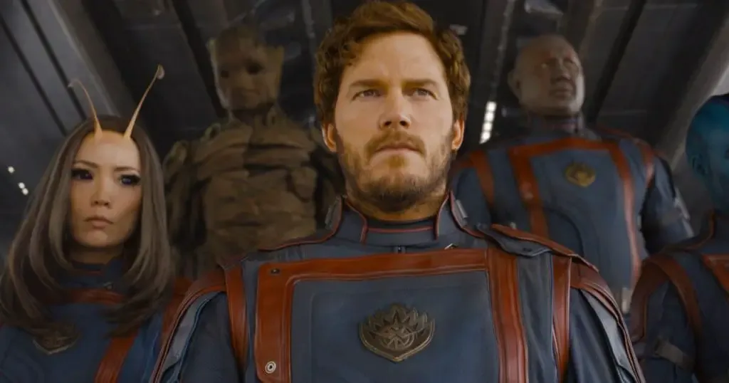 Photo still from Guardians of the Galaxy, Vol. 3, featuring (L-R) Mantis, Groot, Peter Quill, Drax, and Nebula.