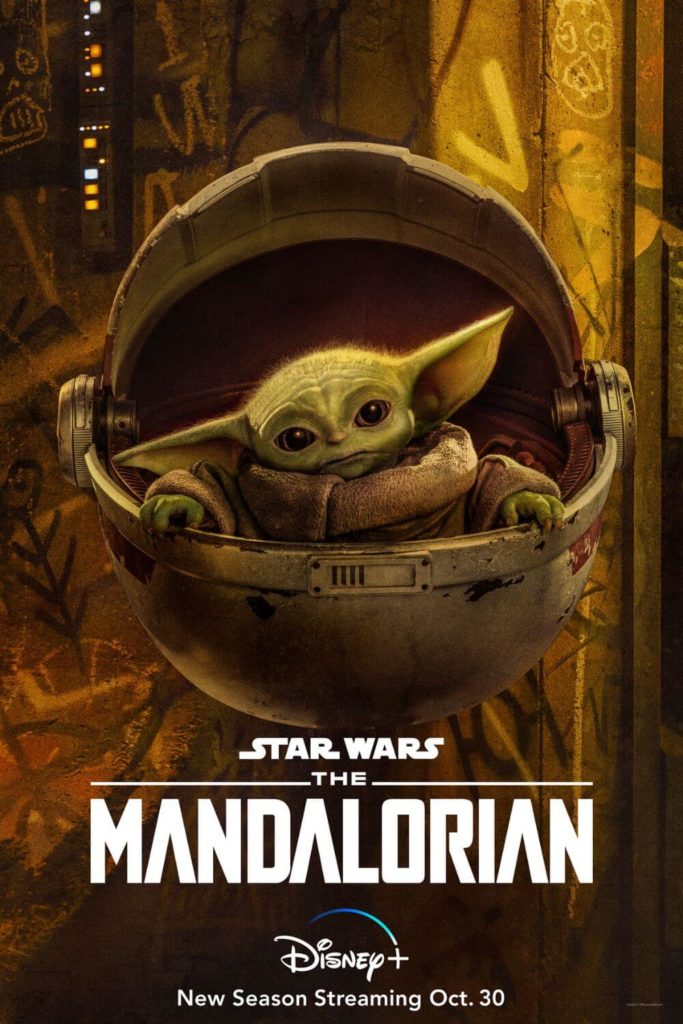 Promotional poster for season 2 of The Mandalorian featuring Grogu in his floating pram.