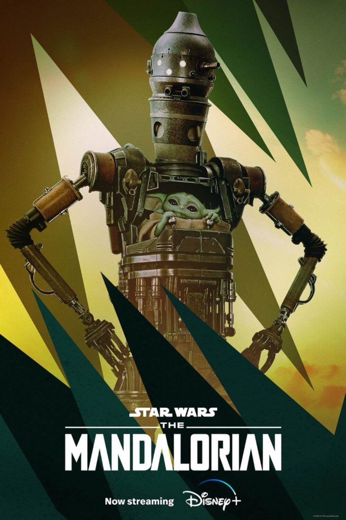 Promotional poster for season 3 of The Mandalorian featuring Grogu in the cockpit of his robot, IG-12.