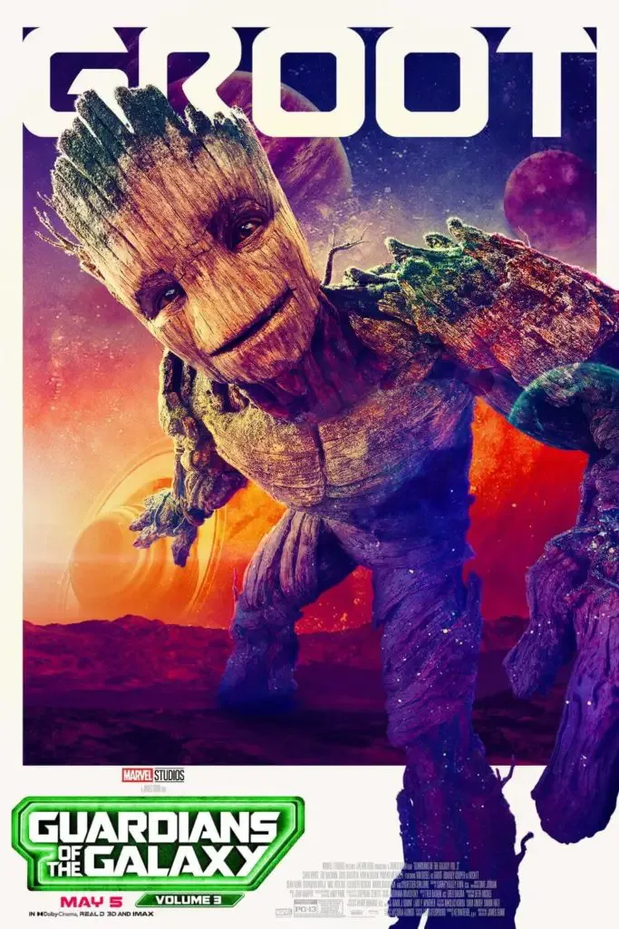 Promotional poster featuring Groot in Guardians of the Galaxy, Volume 3.
