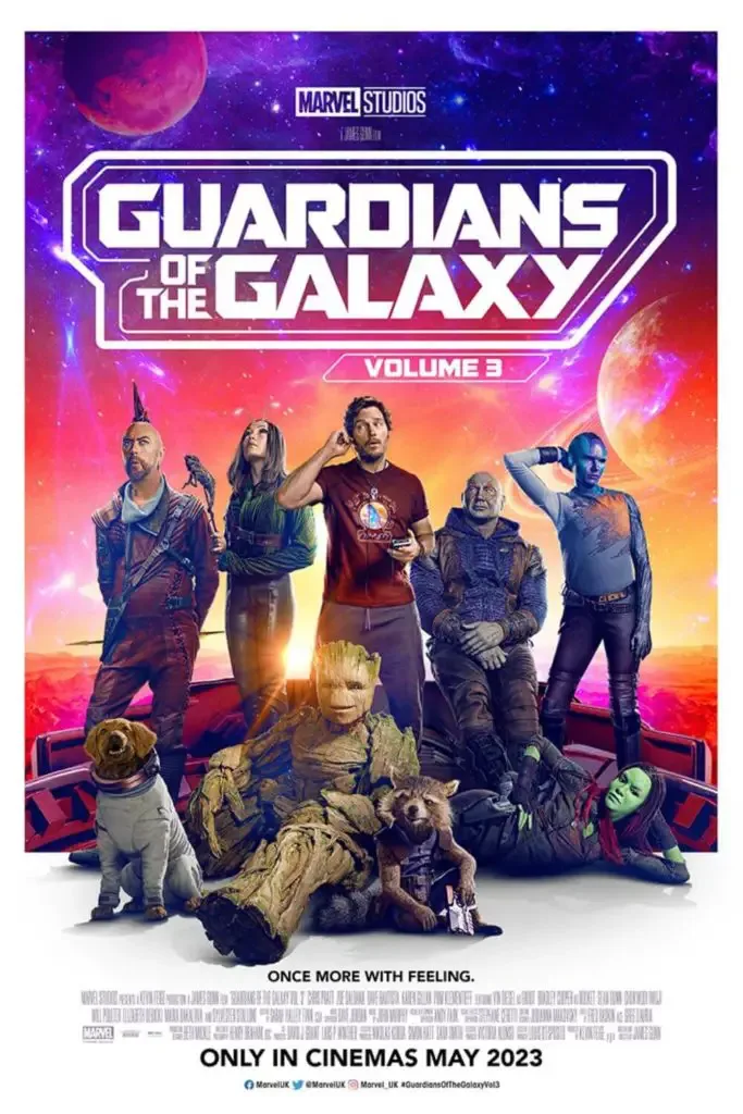 Promotional poster for Guardians of the Galaxy, Vol 3, with all the main cast featured.