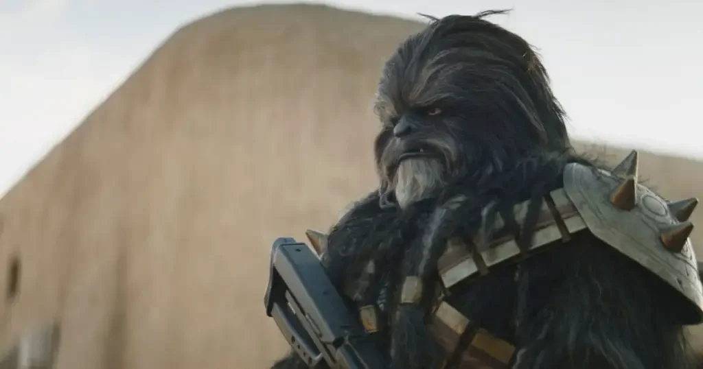 Photo still of a scene featuring Krrsantan, a bounty hunter wookiee.