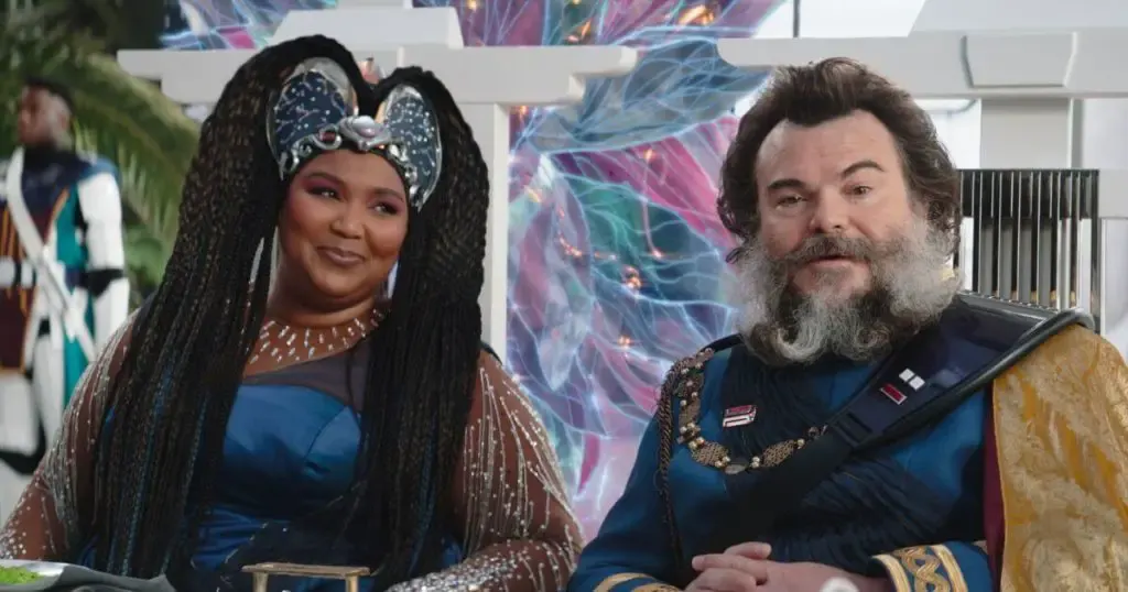 Photo still of a scene from season 3 of The Mandalorian featuring Plazir-15 Security Detail, the Duchess of Plazir-15 (Lizzo) and Captain Bombardier (Jack Black).