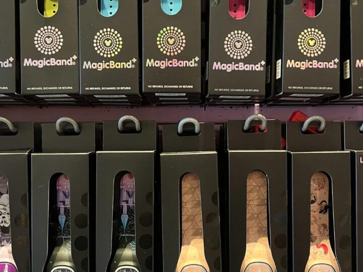 Closeup of MagicBand+ on display at a shop in Disney World.