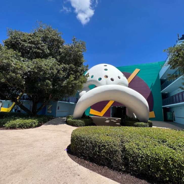 Photo of a three story Mighty Ducks hockey mask statue.