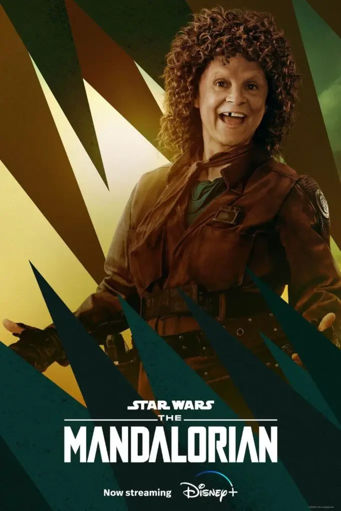 Promotional poster for season 3 of The Mandalorian featuring Amy Sedaris as Peli Motto.