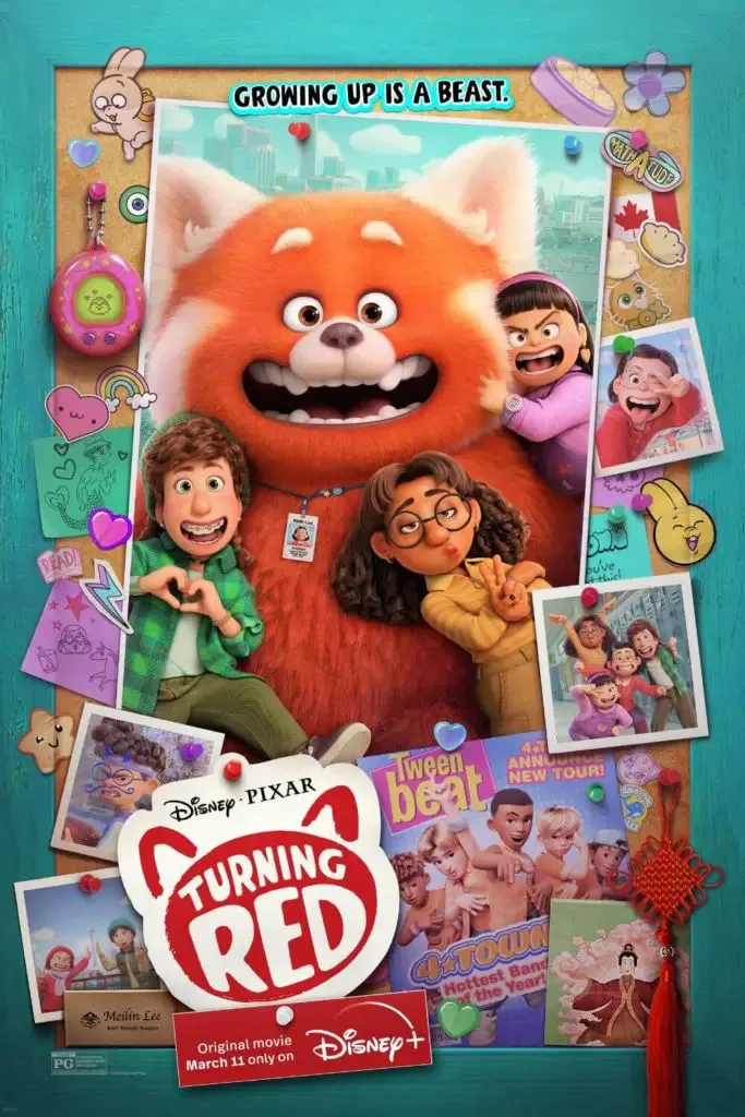Promotional poster for Disney & Pixar's Turning Red that is stylized like the inside of a locker, with various photos of Meilin and her friends, stickers, etc.